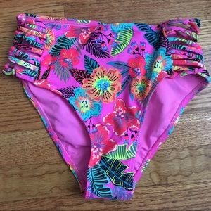 Pink floral print high waisted bikini bottoms